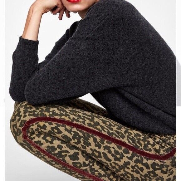 ZARA Woman Leopard Premium Jeans Animal Print Skinny Red Velvet Stripe - Picture 5 of 12